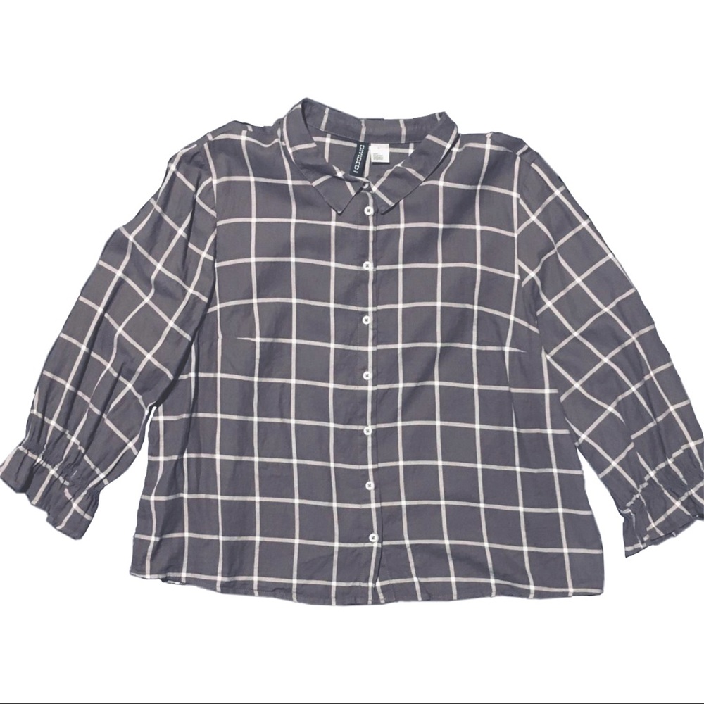 Windowpane Plaid Button Up 3/4 Sleeve Blouse, 10